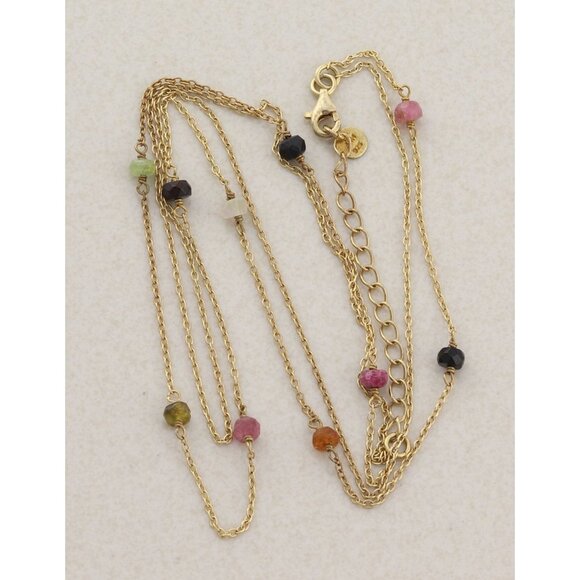 Gold Over Sterling Silver Natural Tourmaline Layered Station Necklace 15 to 17.5 - Picture 1 of 7